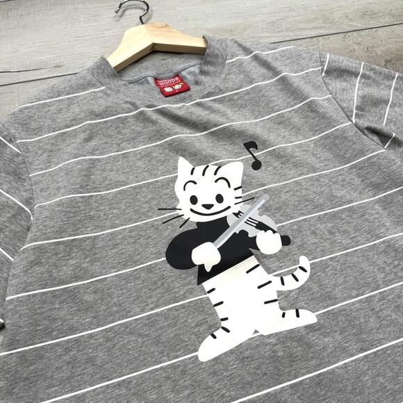 Osamu Goods Striped Cat Graphic Tee Gray White Size S Japanese Streetwear - Picture 4 of 9